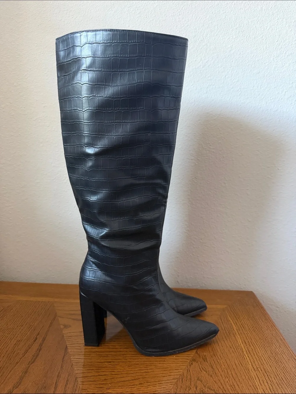 Tall Black Crocodile Embossed Over-the-Knee Boots